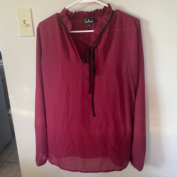 Lulus Tops - Burgundy Sheer Blouse with Adorable Tie Collar